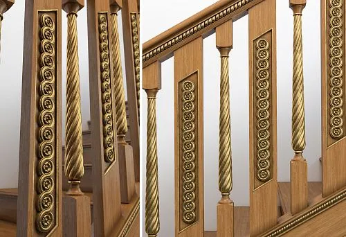 Wooden balusters with elegant scrolls and gilded decorative inserts