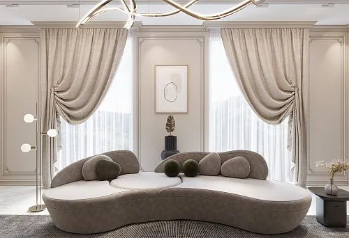 Modern living room with a designer sofa of organic shape