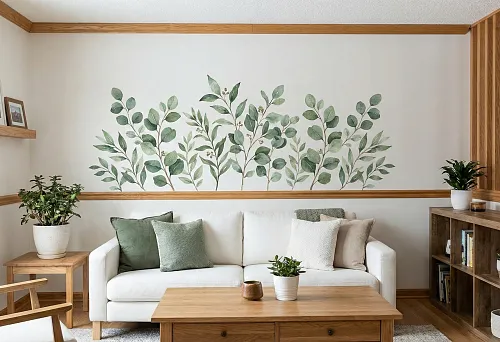 Interior leaf wall stickers and wooden moldings: perimeter molding and slat panels in the living area