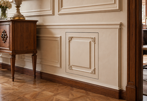 Decorative access panel door with wooden layout and polyurethane molding