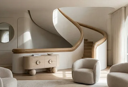 Interior 2026 with a Smooth Spiral Staircase and a Rounded Wooden Handrail