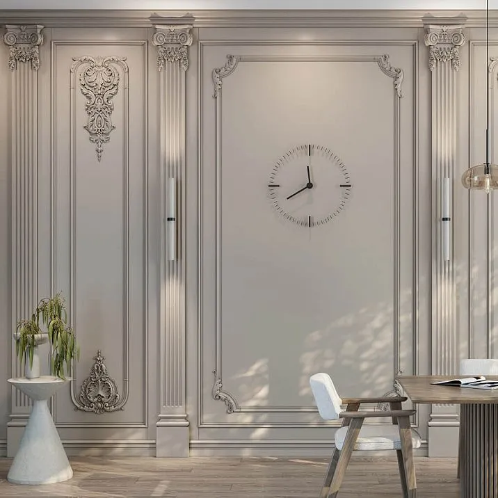 MLD-3U-2.1R corner decorative element in the design of a classic wall panel with moldings and carved decor