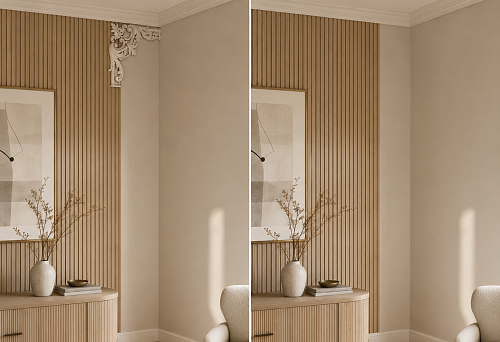 Corner decorative element NPU-500 208 &times; 208 mm in the inner corner of the slatted wall
