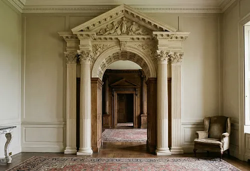 Classic Interior with a Luxurious Arched Opening, Adorned with Columns Featuring Corinthian Capitals and an Ornate Pediment