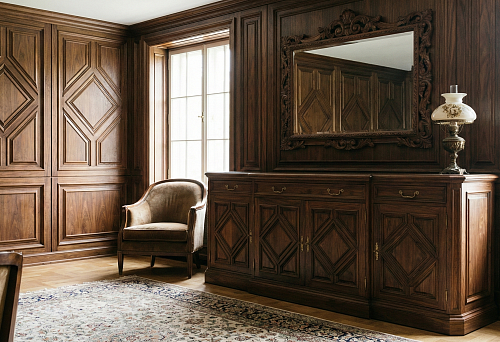 Wooden wall profile in panels and layouts: frame geometry echoes the furniture decor of the chest of drawers