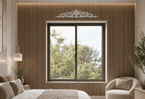 Carved overlay NPU-270 above the window in the slatted wall