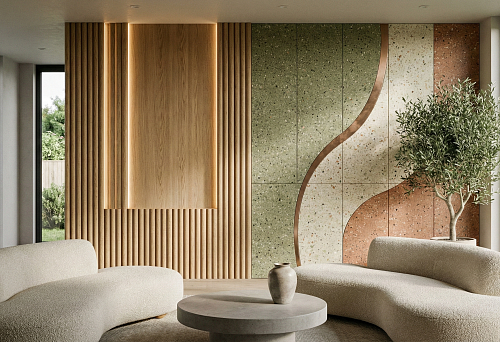 Modern living room with interior wall panels: wooden panels with vertical slats and built-in lighting