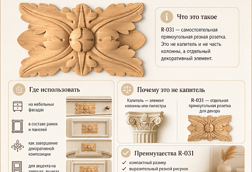 Rectangular carved rosette R-031 as a compact decorative finishing touch for furniture fronts