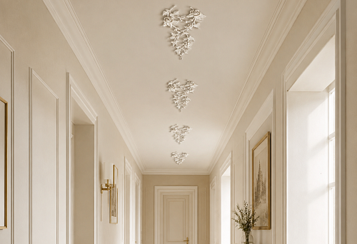 Carved appliques NPU-475 measuring 350 &times; 180 mm on the long hallway ceiling without a chandelier