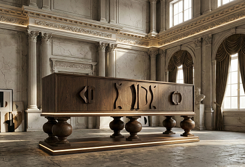 Massive classical cabinet on large balusters with carved wooden handles in a neoclassical interior