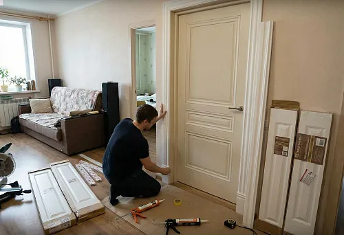 MDF door architraves and decorative overlays for interior doors &mdash; installation of a budget kit: a craftsman fits the architrave at the door opening