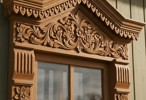 Carved wooden window trim with floral ornament above the window