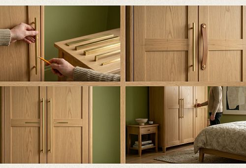 Long handles for a hinged wardrobe in a bedroom interior