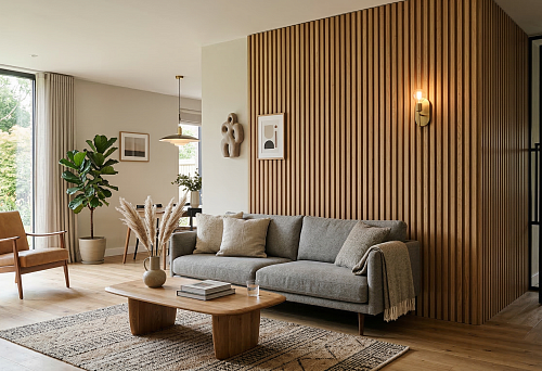 Decorative slatted wall panels in a living room interior with wood texture, accent wall, gray sofa, and warm contemporary atmosphere