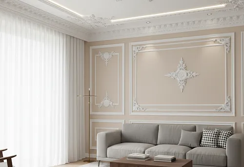 Living room interior with polyurethane molding on walls and ceiling, arranged in a composition with lighting