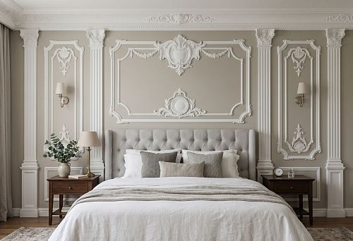 Stucco set for the bedroom: wall decor at the head of the bed made of polyurethane