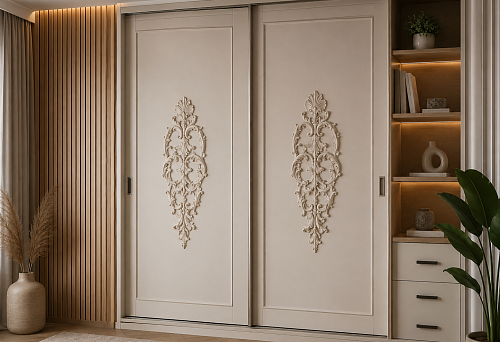 Sliding wardrobe next to a slatted wall with the carved decorative overlay NPU-383