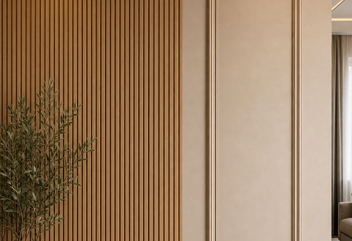 Set of stucco decor CPU.VRS-059 441 &times; 2040 &times; 22 mm on the smooth part of the wall next to the slatted panels