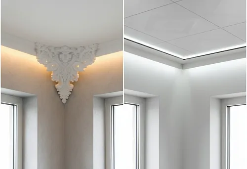 Polystyrene ceiling skirting boards with and without lighting in modern interiors, creating expressive accents and a finished room appearance