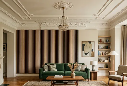 Living room with an acoustic slatted decorative panel on the wall behind the sofa and classic stucco decor on the ceiling