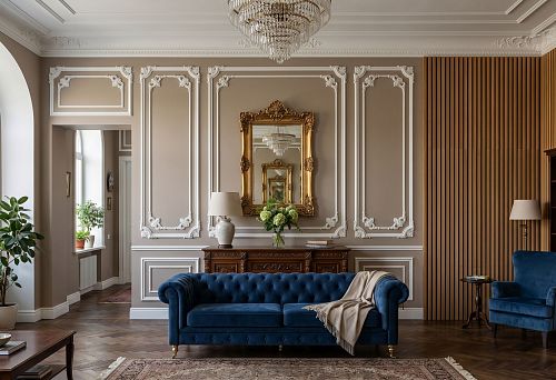 Polyurethane wall decor and wooden slats in the interior