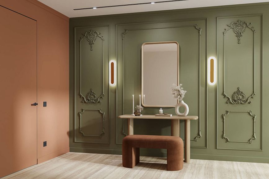 Decorating idea for Tsarskoye Selo wall panels INTPU-039 with olive moldings, mirror, console, and sconce