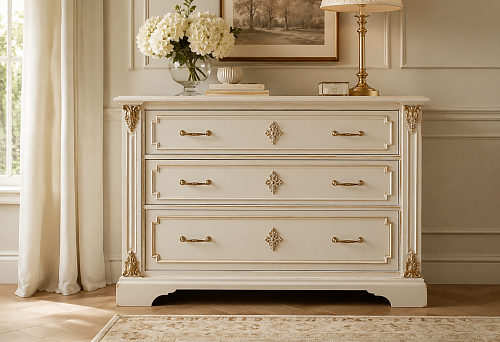 Updating a dresser with stucco molding, decorative overlays, and furniture handles