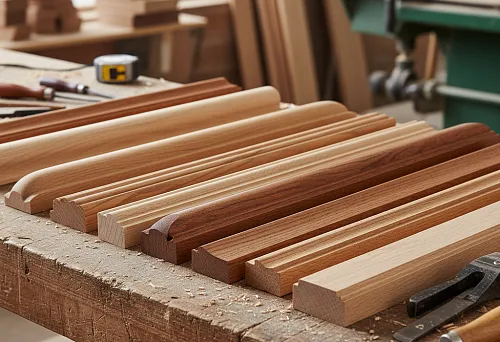 Wooden molding products of various profiles and species, laid out on a workbench in a workshop, with tools and equipment in the background.
