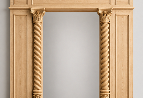 Paired carved wooden panels DD-002L and DD-002R for symmetrical door portal design