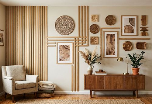 Wooden wall decor with slats and layout on an empty wall in the interior