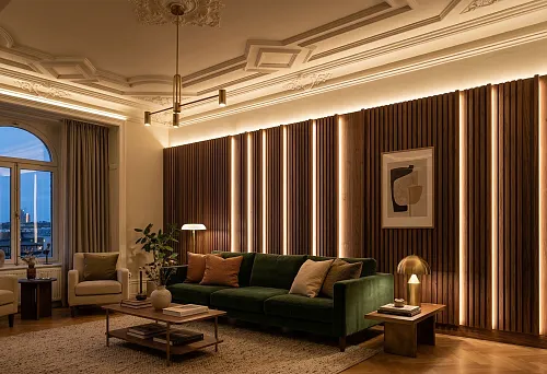Slat panels with warm vertical backlighting and polyurethane ceiling decor in a living room interior