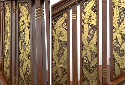 Wooden balusters with leaf and bud carving &mdash; overall view of the staircase
