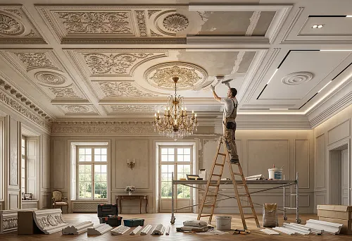Gypsum stucco on the ceiling in a spacious interior with classic ornament, chandelier and decorative ceiling sections