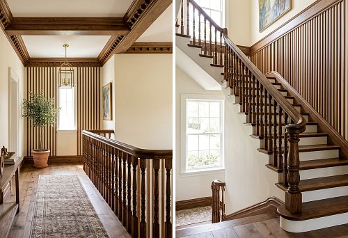 Staircase hall in a house: how to combine balusters, railings, baseboards, cornices, slats and wooden decor