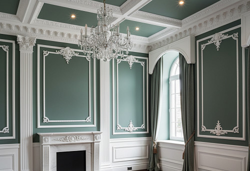Interior with stucco and moldings in a classic style, combining aesthetics and functionality