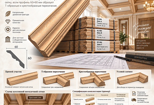 KZ-004 cornice 60&times;60 mm for a coffered ceiling grid