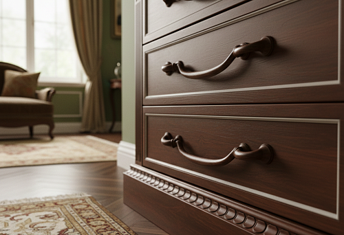Wooden furniture handles on a chest of drawers and wooden floor skirting in the same shade &mdash; an example of a unified wood line connecting furniture and wall finishing in the interior