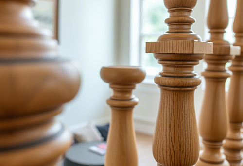 Balusters made of natural wood, used in the construction of a wooden table, close-up, modern interior