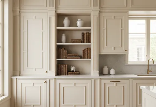 Classic furniture facades with cornices, moldings, and trims forming the architectural composition of a kitchen in light tones
