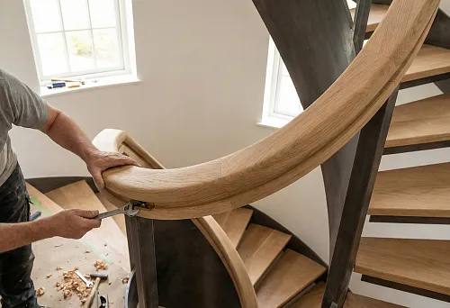 Round handrail for spiral staircase: a craftsman fits the curved wooden handrail and secures the fastening on the metal post of the spiral staircase