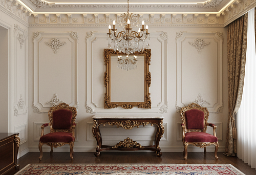 Baroque furniture with velvet upholstery and decorative trim