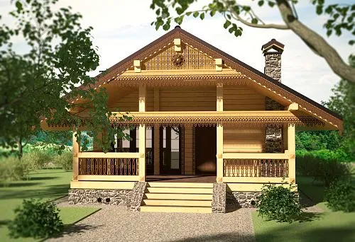 Wooden house ornament with traditional carved patterns