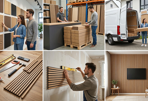 Buy wall slat panels for interior finishing at a showroom with texture and shade samples