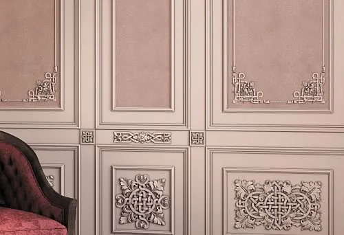 Interior in Russian style with carved decorative panels and ornamentation on walls.