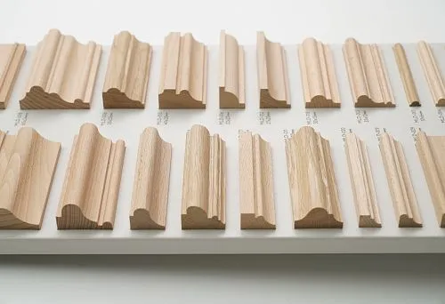 Samples of decorative wooden planks, including 10&times;20 mm plank, on display stand