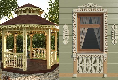 Wooden gazebo with carved elements in modern Russian style.