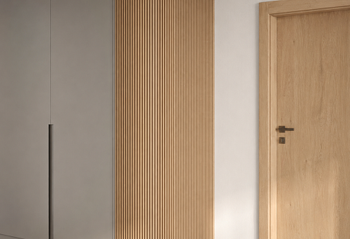 Slatted panel PAN-001 1010&times;8&times;2400 mm on the rounded end of the wardrobe with a 14 mm gap to the door casing