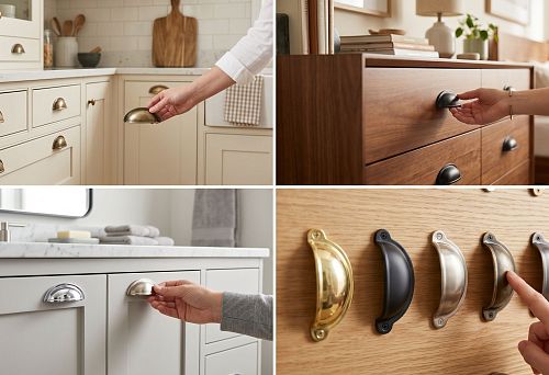 Shell-shaped furniture handle on the facade of a dresser, kitchen, or cabinet
