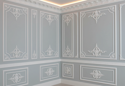 Classic interior with polystyrene baseboard, cornice, and molding as a unified architectural system for wall and ceiling design