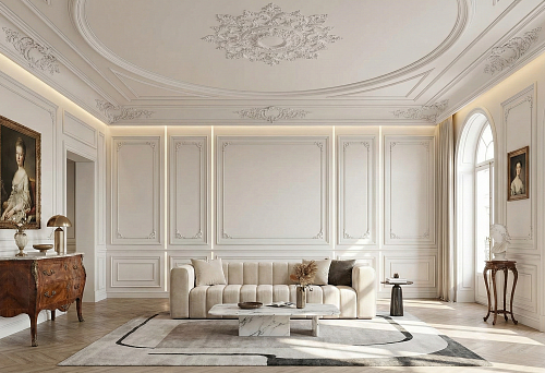 Classic living room with polyurethane stucco: wall moldings, ceiling cornice and decorative rosette in a light palette